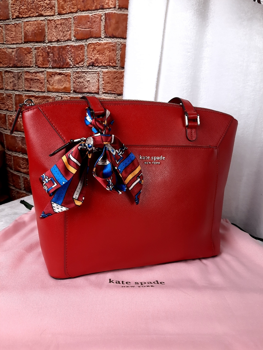 kate spade New York Red Leather Tote with Decorative Scarf